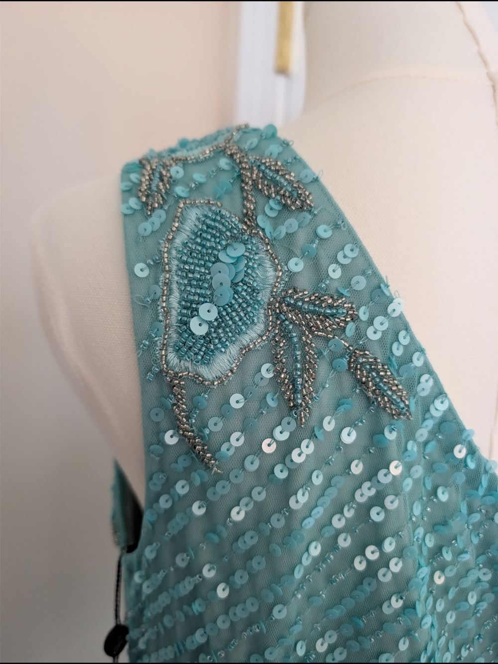 NWT Adrianna Papell Aqua Floral Sequin One Shoulder Gown 8 - Picture 4 of 9
